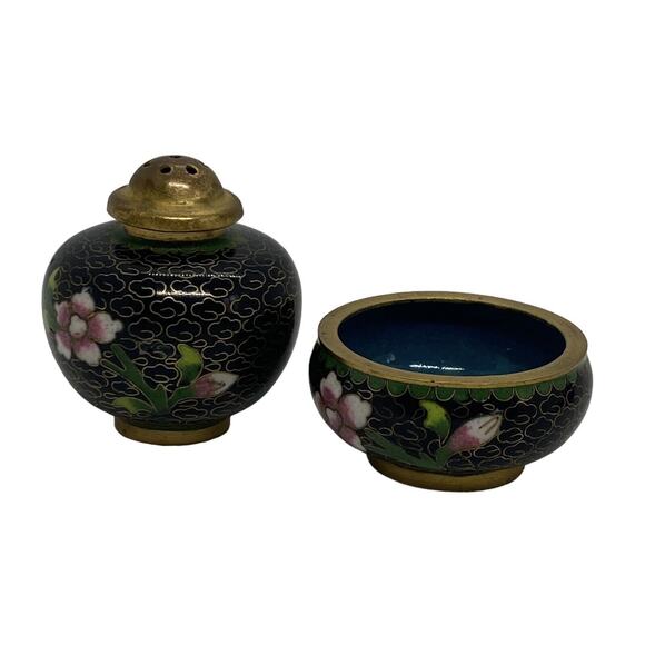 Vintage Set Chinese Black Cloisonné Salt Cellar Pepper Shaker Flowers Design - Picture 4 of 16